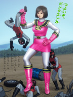 breasts drawing giantess nude color handheld skirt brunette superhero brown_eyes gloves short_hair boots amazon fighting female_domination under_foot japanese_text boot_crush knee_high_boots enka_boot