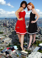 collage city black_hair destruction high_heels helicopter red_hair dress looking_down tower giantesses clouds sky sunny black_dress hands_on_hips
