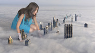 collage city mega brunette dress kneeling skyscraper foggy fog
