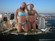 collage city swimsuit multiple_giantesses unknown_artist kneeling skyscrapers ships looking_at_viewer seaside