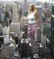 giantess collage city mega blonde clothed unknown_artist skyscraper between_buildings rooftop_view