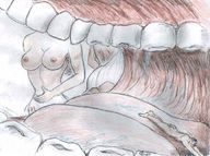 vore tongue teeth multiple_giantesses shrunken_men nikko goddessia rubbing_belly sketching