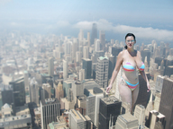 collage city mega black_hair swimsuit cleavage huge_breasts sunglasses skyscrapers sunny between_buildings