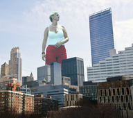 giantess collage city blonde sunglasses mature white_top red_trousers