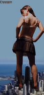 collage city mega destruction bra skirt brunette legs endymion sky hands_on_hips behind_view
