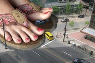 collage feet city sandals shrunken_people streets vehicles pedicure bicycles giantess_feet under_toe crushed_car