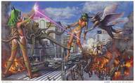 breasts drawing giantess nude furry horns tail wings city mega color long_hair destruction attack fantasy barefoot topless green_hair fire war fighting creatures giantesses kanai vehicles tentacles beam lasers