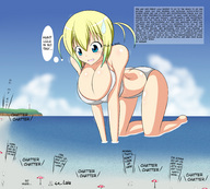 drawing giantess blonde color swimsuit beach cleavage huge_breasts crawling looking_down english mgear