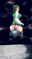 breasts drawing giantess panties earth giga space color planet ochiko_terada butt_crush moon green_hair short_hair idolmaster otonashi_kotori cosmic_giantess sitting_on_planet