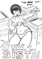 drawing giantess panties manga city mega handheld rampage bra buildings anime airplane reaching parody dark_skin thighs hairband attack_of_the_50_foot_woman afro