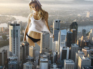 breasts giantess collage city mega blonde undershirt looking_at_viewer skyscapers see_through_clothing