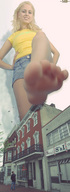 giantess collage feet city blonde barefoot soles mikeyboy shorts birds looking_at_viewer raised_foot hands_on_hips yellow_top