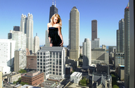 city blonde skyscrapers looking_at_viewer black_dress