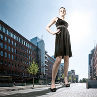 giantess collage city shadow sunny looking_at_viewer black_dress hands_on_hips