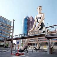 giantess collage city bridge brunette dress sitting legs sky sunny