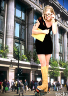 collage blonde glasses boots tecks streets looking_at_viewer bystanders little_black_dress melissa_joan_hart