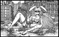drawing giantess panties destruction bunny handheld butt_crush huge_breasts stockings foot_crush vehicles outline bunny_girl under_foot leetana vehicle_crush sitting_on