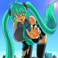 drawing giantess hatsune_miku city color vocaloid hand reaching looking_down point_of_view