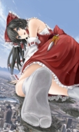 drawing giantess crush feet city mega black_hair color long_hair destruction soles anime touhou smiling socks dirty dirty_soles grey_eyes hair_bow helicopter_point_of_view dirty_socks rp
