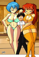 drawing panties color bra skirt blue_hair red_hair rei_ayanami mini_giantess neon_genesis_evangelion size_comparison thigh_high_boots asuka_langley_soryu gold_outfit shinji_ikari tall_girl
