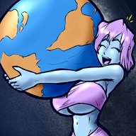 drawing giantess color planet huge_breasts smiling pink_hair blue_skin hugging