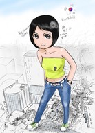 drawing giantess black_hair destruction clothed jeans tube_top short_hair converse korea_gts