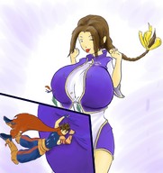 drawing giantess color huge_breasts brunette shrunken_men jiggle holding_on purple_clothes