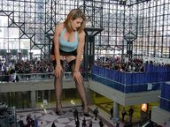 giantess collage high_heels brunette nylons bending_over looking_down people cf crowds inside_building