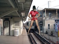 giantess collage high_heels brunette train legs looking_at_viewer railroad_tracks building_structures