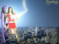 giantess collage city mega high_heels buildings superhero boots endymion giantesses standing cape belt lightning super_heroine huntress super_villain mary_marvel dc_comics crossbow