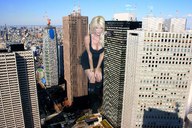 giantess collage blonde destruction boots unknown_artist skyscrapers between_buildings looking_at_tiny