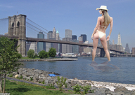 bikini giantess collage city blonde swimsuit bridge buildings standing river ktantan hat brooklyn_bridge