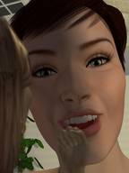 giantess handheld brunette smiling short_hair shrunken_woman digital_render