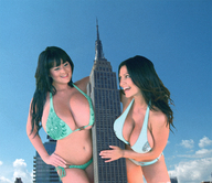 bikini breasts giantess collage city mega swimsuit cleavage buildings huge_breasts brunette giantesses denise_milani new_york_city empire_state_building rachel_aldana