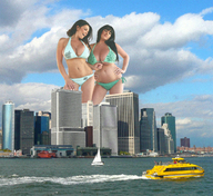 giantess collage city mega black_hair swimsuit cleavage water buildings huge_breasts giantesses boats clouds sky denise_milani hands_on_hips rachel_aldana