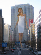 giantess collage blonde unknown_artist skyscraper vehicles point_of_view white_dress looking_away walking_in_street gisele_bündchen holding_vehicle