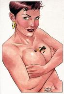 breasts drawing giantess nude color large_breasts cleavage green_eyes brunette smiling short_hair shrunken_man costume earrings looking_at_viewer covering_breasts no_background on_breasts janet_van_dyne yellowjacket marvel_comics the_wasp hank_pym