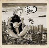 drawing giantess city mega blonde monochrome buildings train sitting airplane costume new_york_city dialogue legs_crossed zeppelin cassie_lang stature marvel_comics young_avengers