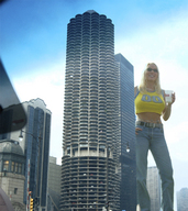 giantess collage blonde unknown_artist skyscraper sunglasses standing looking_up