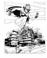 breasts drawing giantess city mega comic monochrome destruction rampage buildings gloves boots foot_crush people thighs fist cape leotard running_away villain heike helmet bare_legs