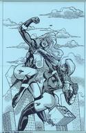 breasts drawing city comic monochrome long_hair butt destruction high_heels helicopter gloves boots muscles airplane fighting people giantesses mask braid leotard heroine villain valkyra femforce ms_victory