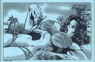 drawing giantess comic monochrome large_breasts swimsuit handheld tara lying_down jungle hunter dangle titanic_tara femforce