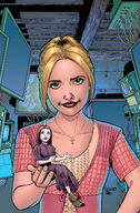 drawing gentle blonde color blue_eyes handheld brunette brown_eyes dress hand shrunken_woman doll dawn lab looking_at_viewer gecrebo linart buffy_summers buffy_the_vampire_slayer