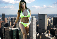 collage city mega brunette unknown_artist walking looking_down skyscraper skyscraper_view yellow_bikinis