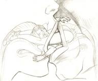 drawing giantess giant couple kissing shrunken_woman inside_mouth pencil_drawing between_mouths