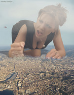 collage city mega destruction cleavage crawling giantess_katelyn mad hazy_day urban_area pounding_fist jet_fighter