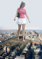 collage city mega blonde buildings glasses ponytail shorts walking bag trees top