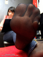 giantess feet black_hair long_hair soles jeans nylons unaware photograph monica point_of_view reading divarope