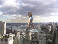 breasts giantess collage city mega swimsuit bridge water buildings brunette walking river clouds straddling new_york_city wet_hair brooklyn_bridge bridges