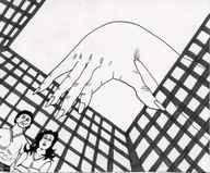 drawing monochrome shrunken_men hand reaching shrunken_woman cage entrapment captured caged